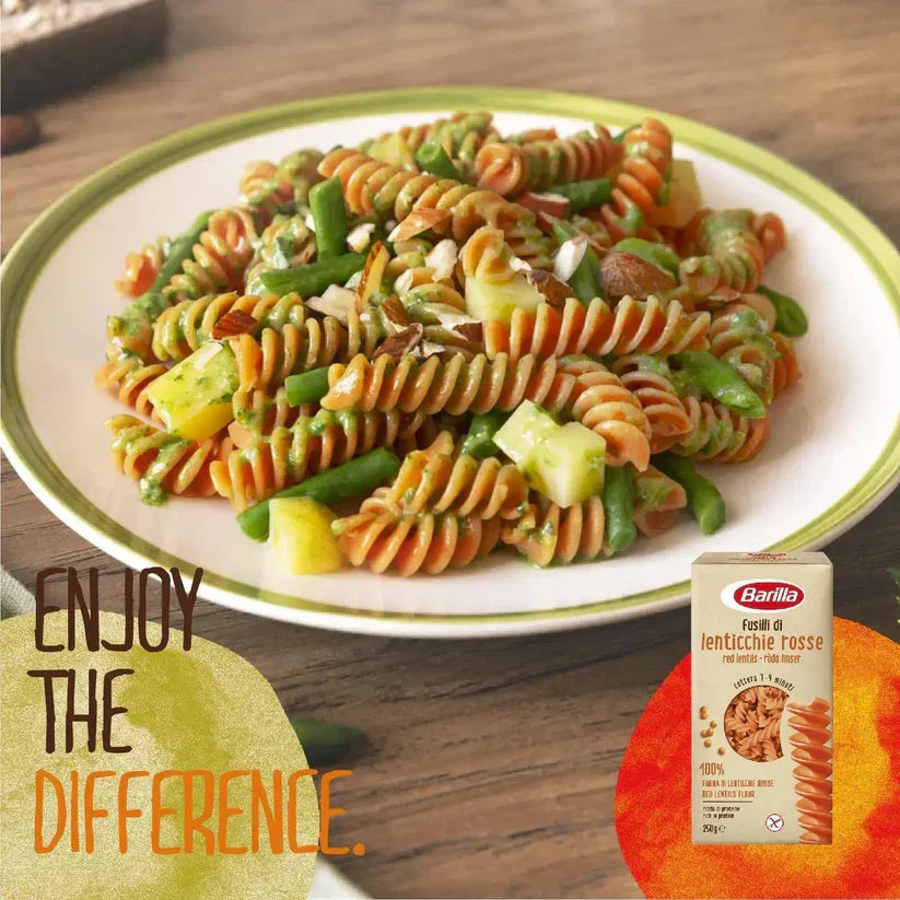 Barilla red lentil fusilli pasta with vegetables on plate, iPlantBased vegan food in UAE