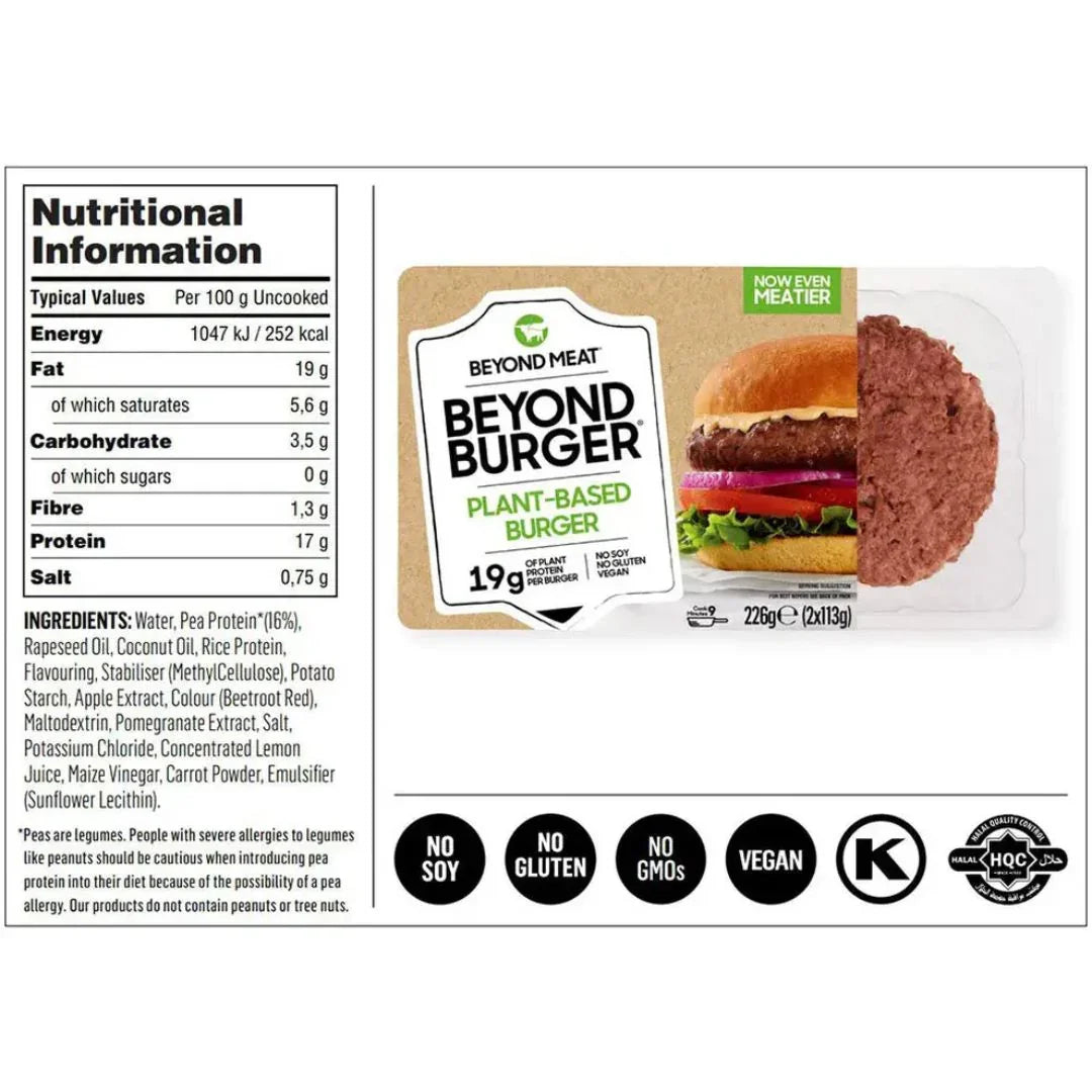 Beyond Meat Beyond Burger plant-based burger packaging with nutrition facts and ingredient list.