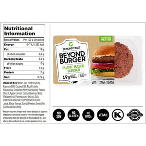 Beyond Meat Beyond Burger plant-based burger packaging with nutrition facts and ingredient list.