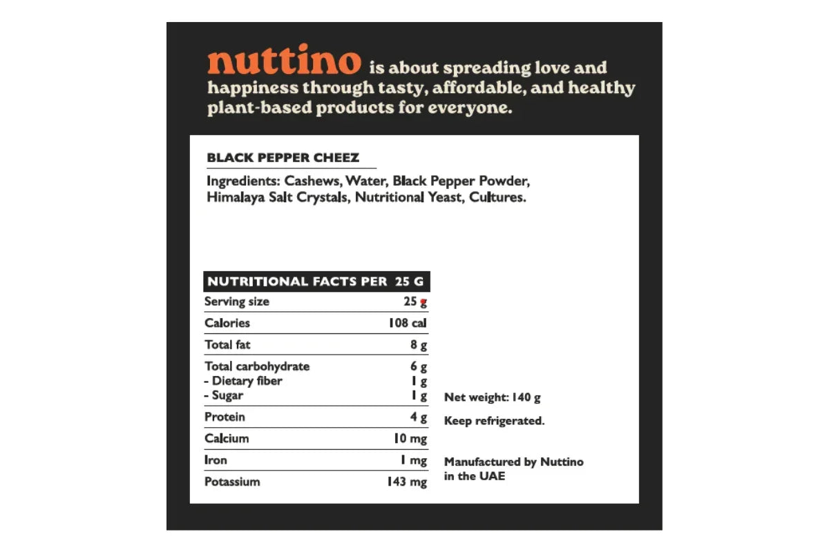 Black Pepper Cheez plant-based nutrition facts and ingredients label by Nuttino, UAE.