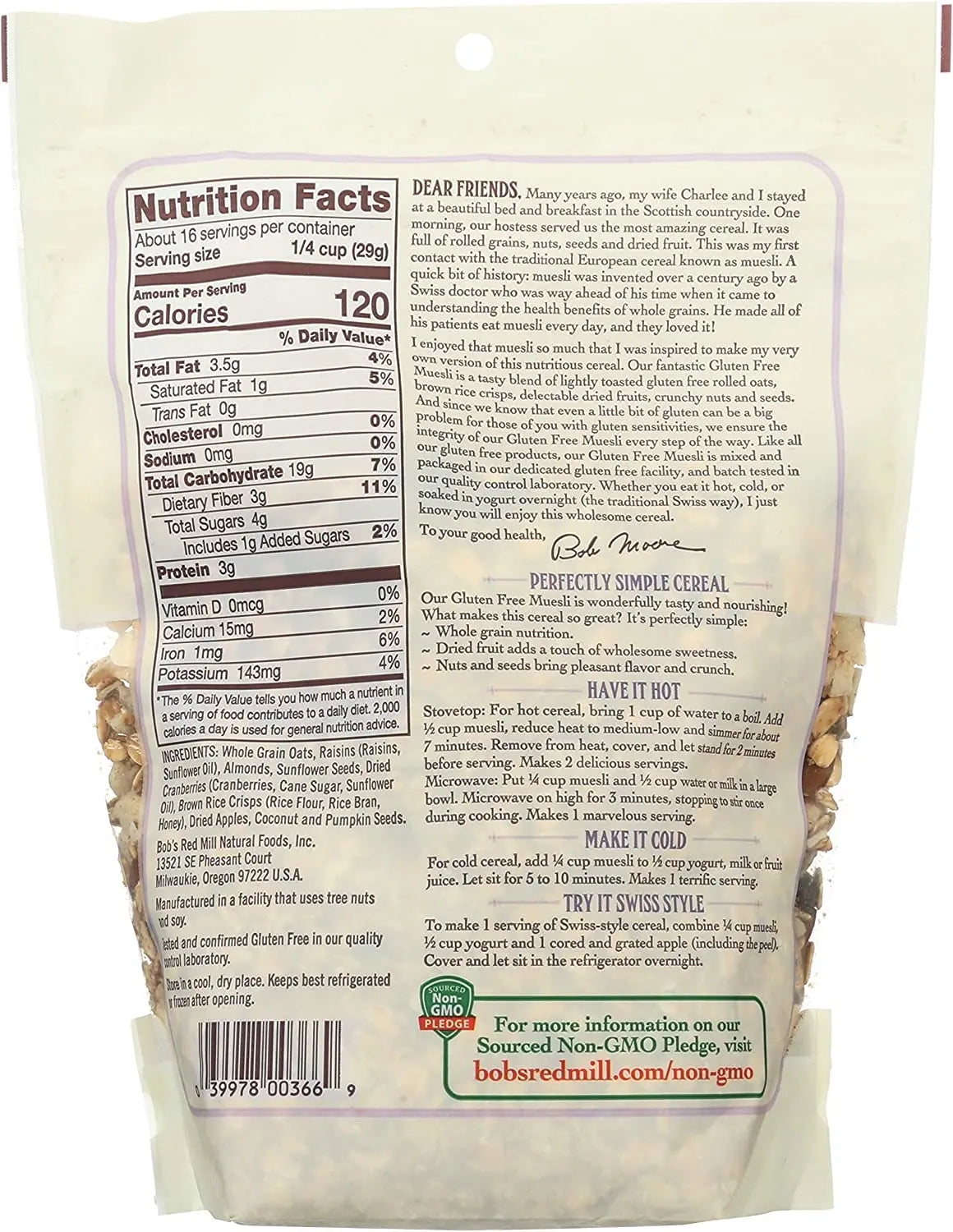 Bob's Red Mill Gluten Free Muesli, Hot or Cold Cereal, Non-GMO, 453gm