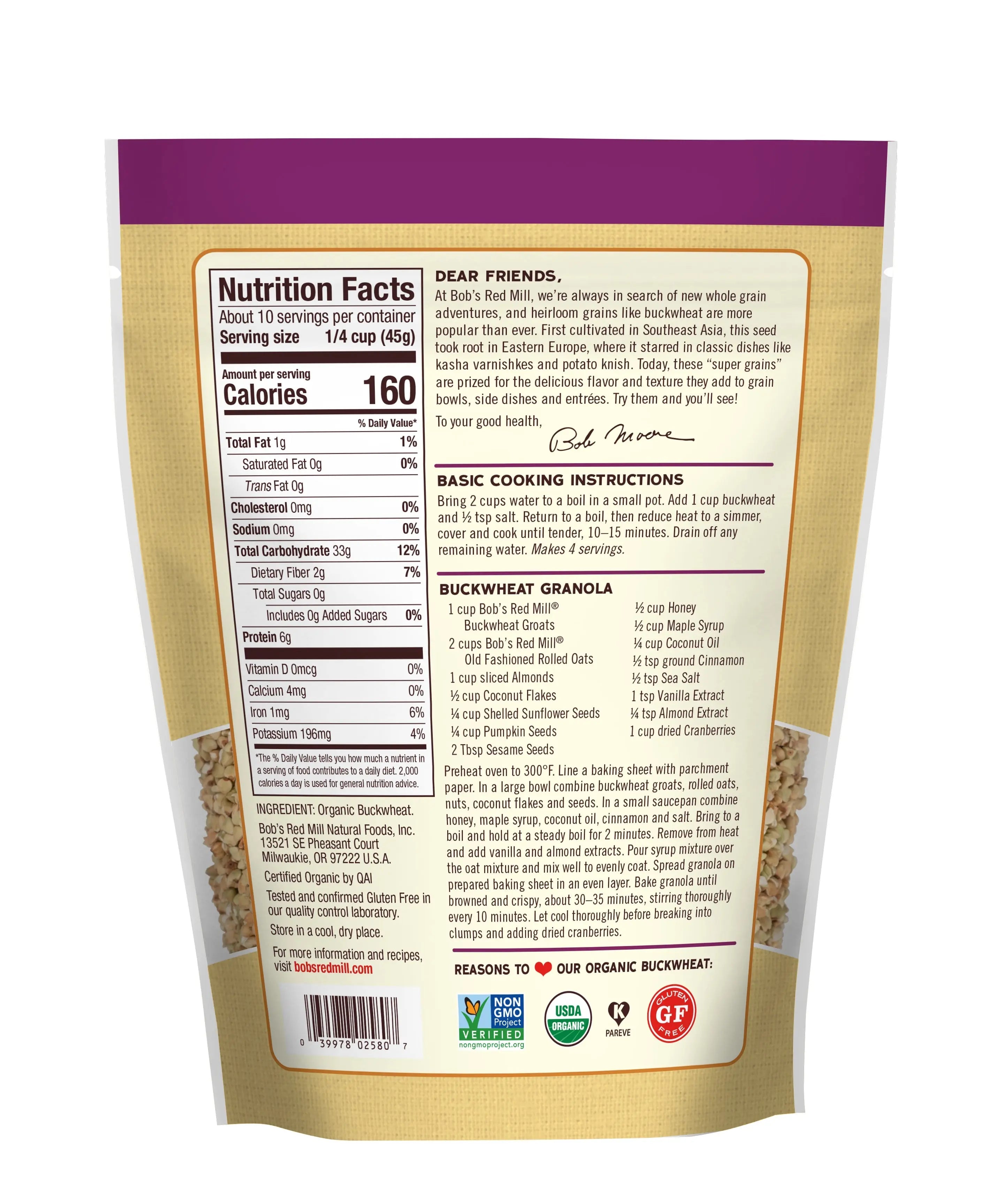 Bob's Red Mill Organic Whole Grain Buckwheat Groats Raw, Gluten Free, Non-GMO 454gm