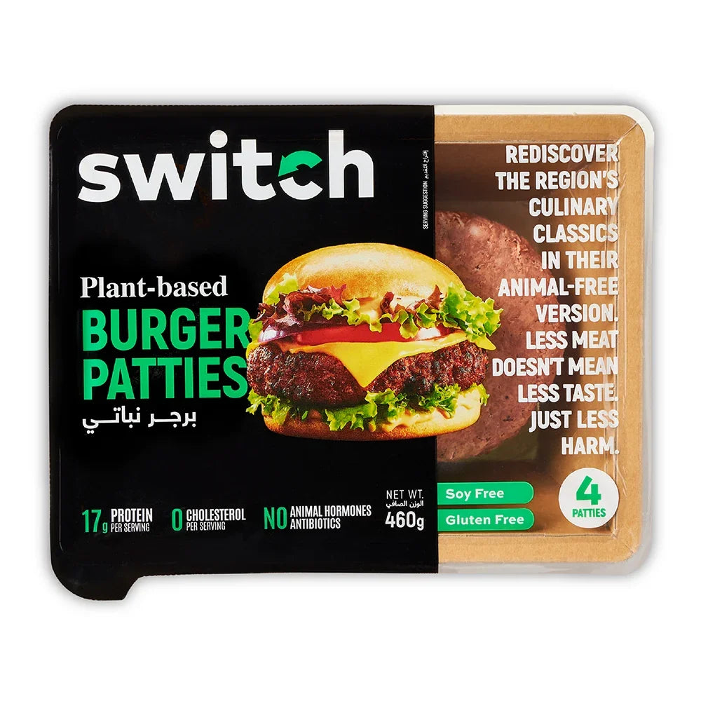 Switch Vegan Burger Patties, 100% Plant-Based, GMO-Free, Cholesterol-Free, Soy-Free, Gluten-Free Halal - 460g