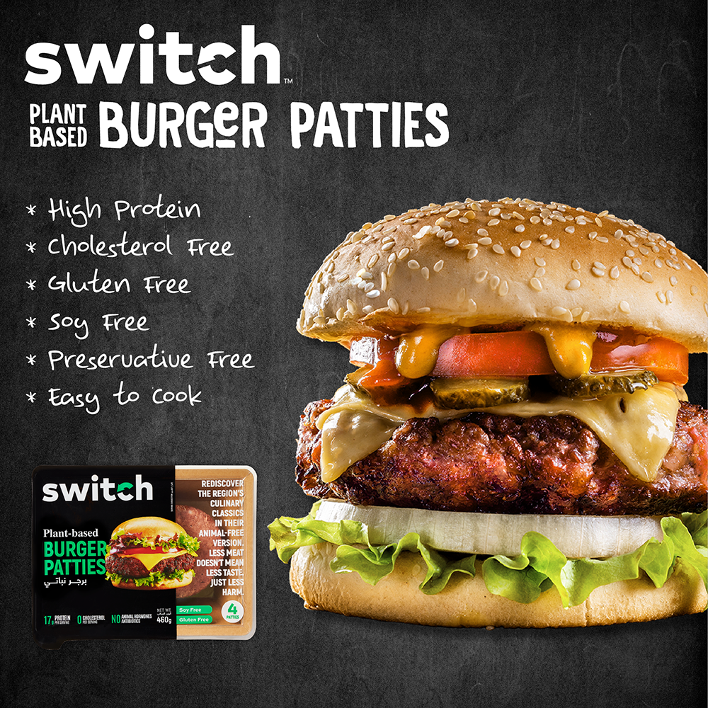 Switch Vegan Burger Patties 460g, 100% Plant-Based, GMO-Free, Cholesterol-Free, Soy-Free, Gluten-Free Halal (4 Patties)
