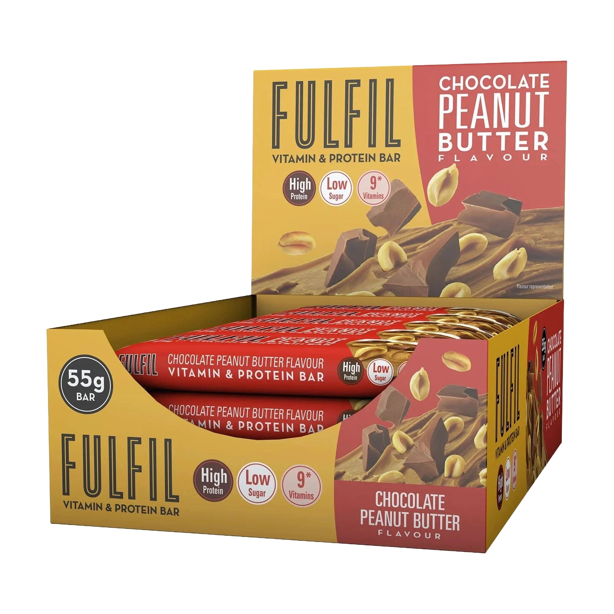 Fulfil Chocolate Peanut Butter Flavour - Vitamin & Protein Bar, Low Sugar, High Protein, 9 Vitamins, 55gm x 15 Bars