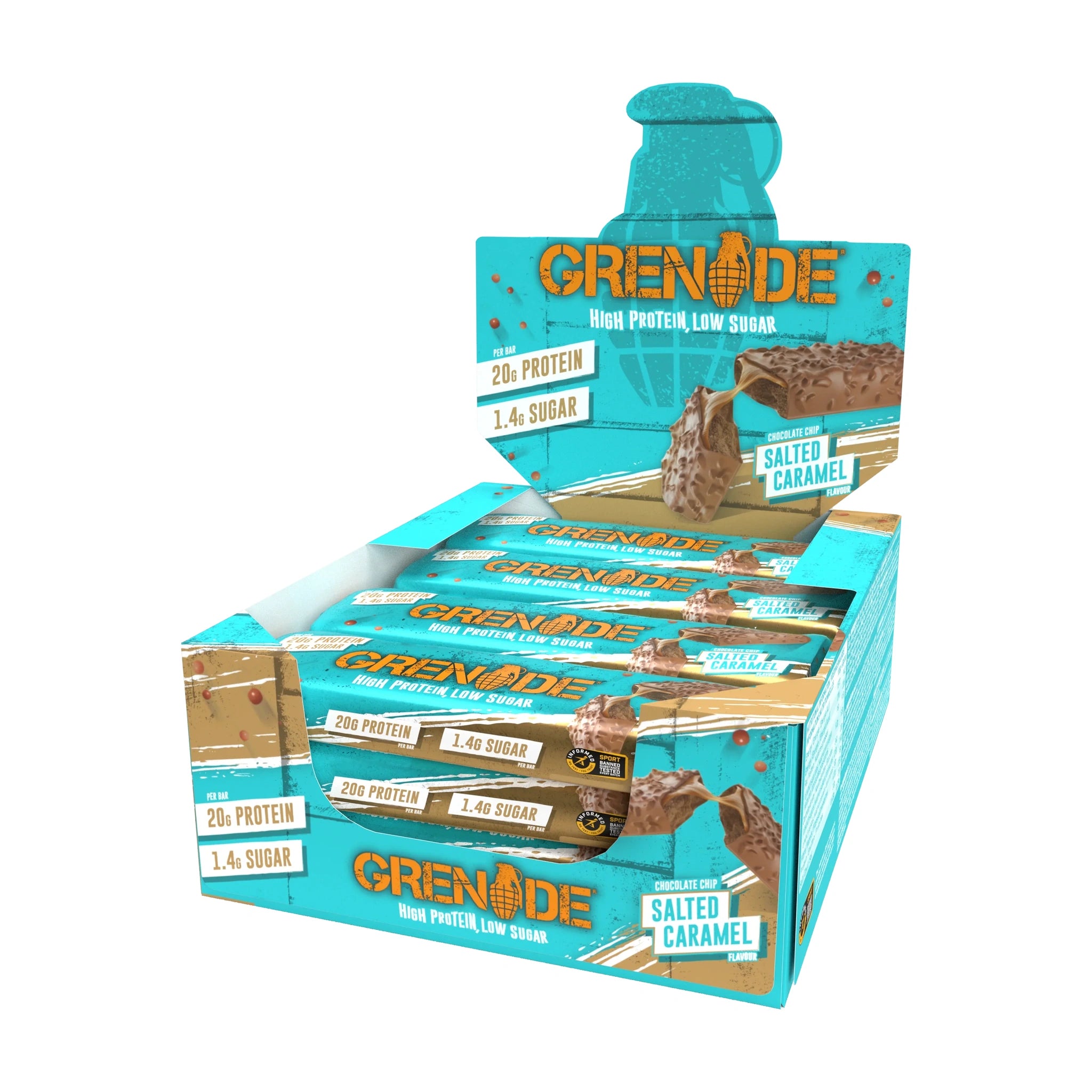 Grenade Chocolate Chip Salted Caramel - High Protein Bar - Low Sugar (60gm x 12) Box