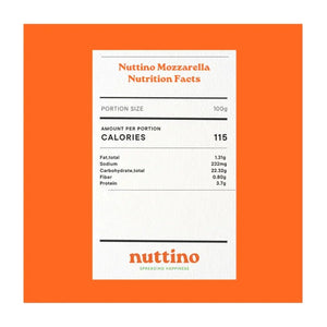 Nuttino Cashew Mozzarella nutrition facts label with calories, protein, and ingredients on orange background.