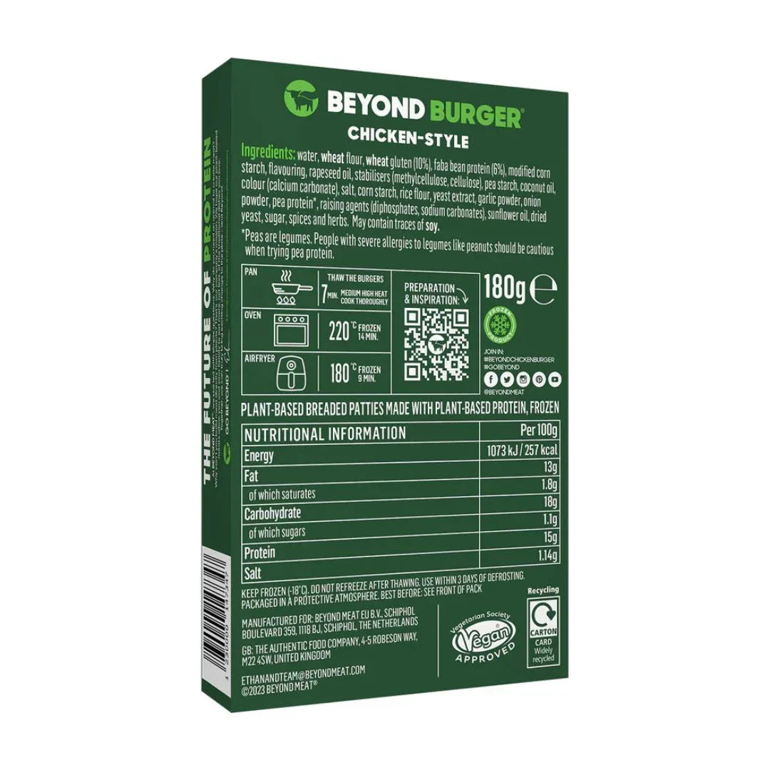 Beyond Burger Chicken-Style plant-based patties packaging with ingredients and nutrition info