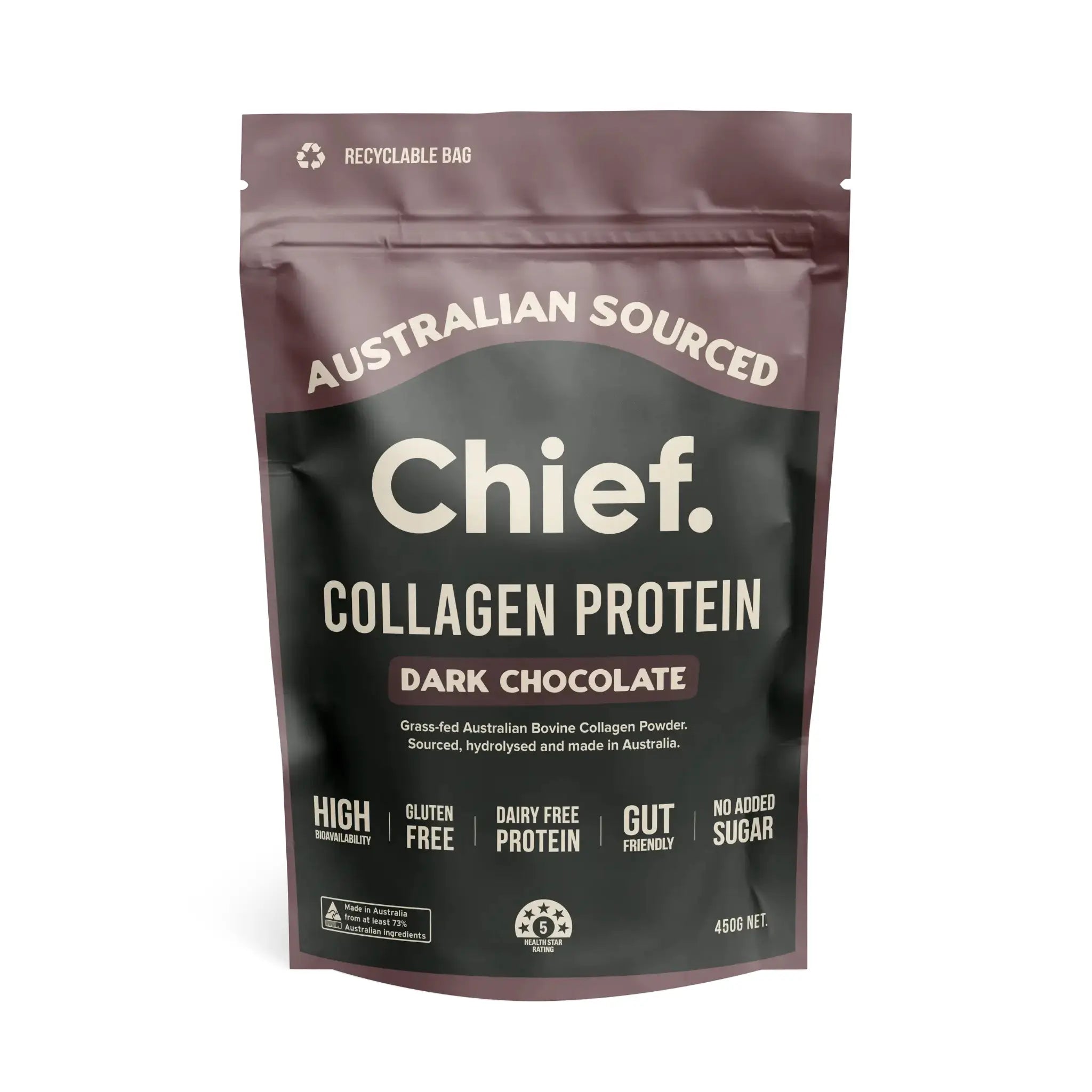 Chief Collagen Protein package in dark chocolate flavor on a white background