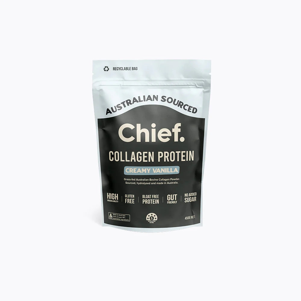 Chief Collagen Protein package in creamy vanilla flavor on a white background