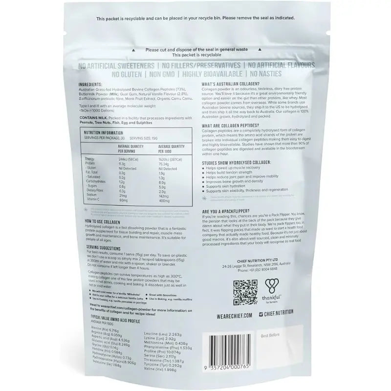 ChiefGrass-fedCollagenVanillaProteinPowder450grams_nutritions