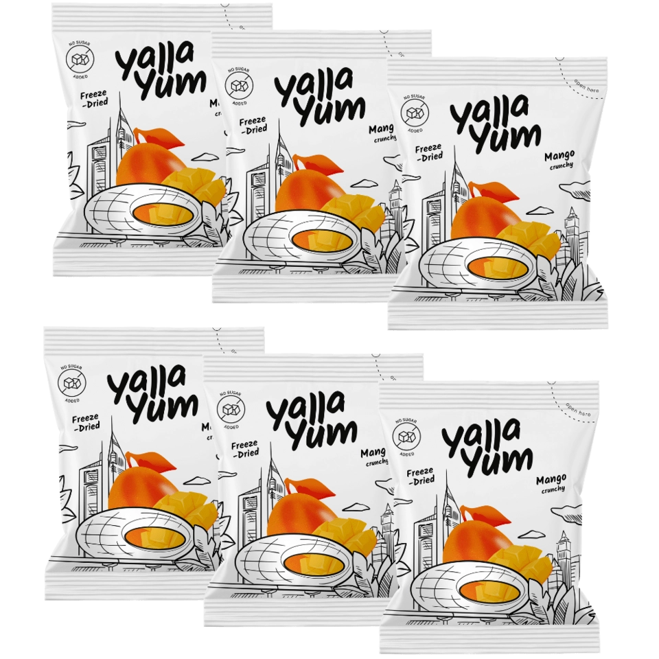 Yalla Yum freeze-dried mango crunchy snack packs, plant-based, available at iPlantBased UAE