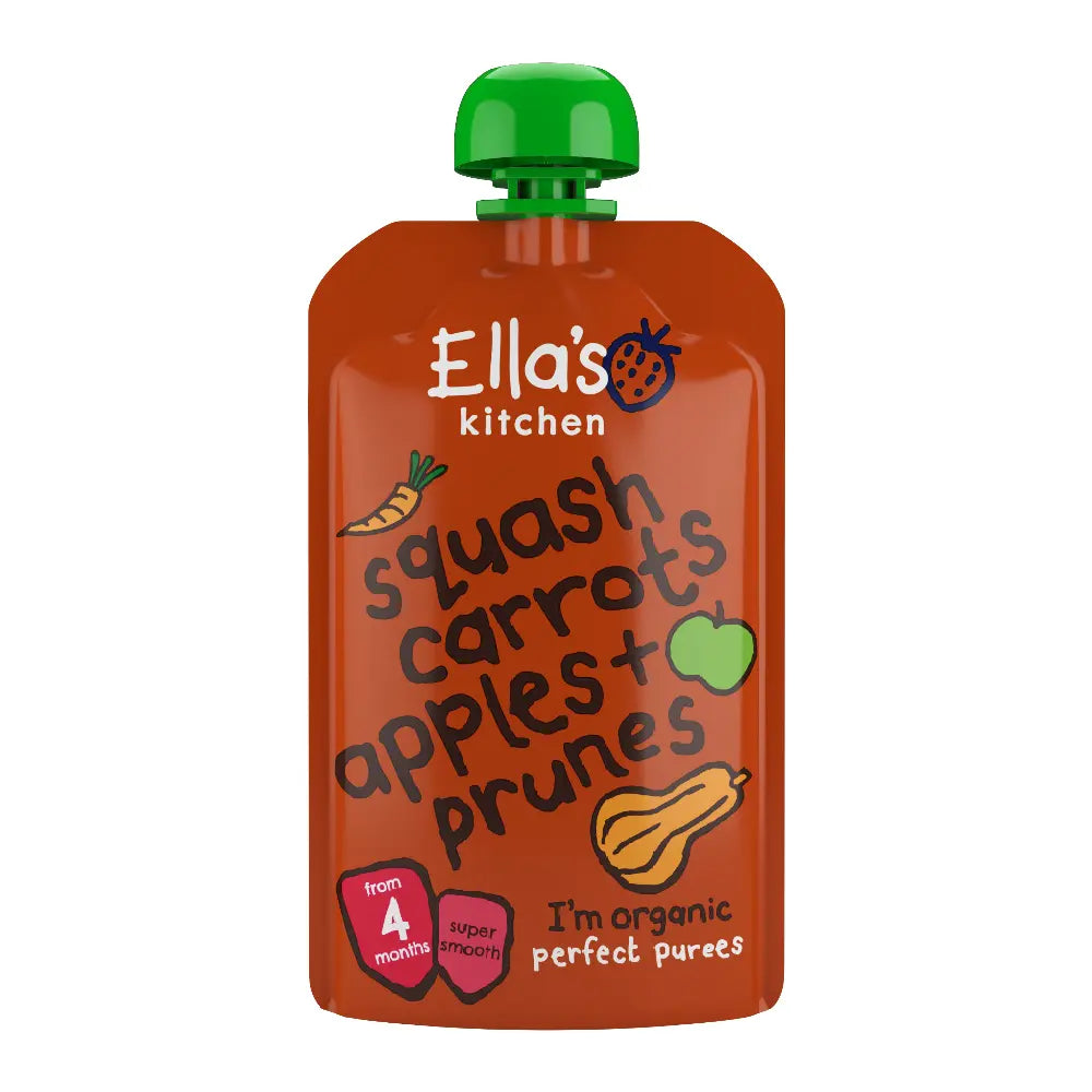 Ella's Kitchen organic butternut squash carrots apples + prunes 120g. Expiry date: 7/1/2026