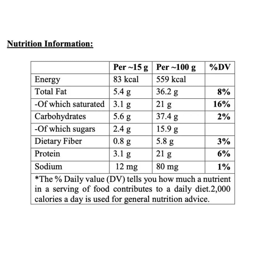 Nutrition information table for plant-based food, showing calories, fat, carbs, and protein content.