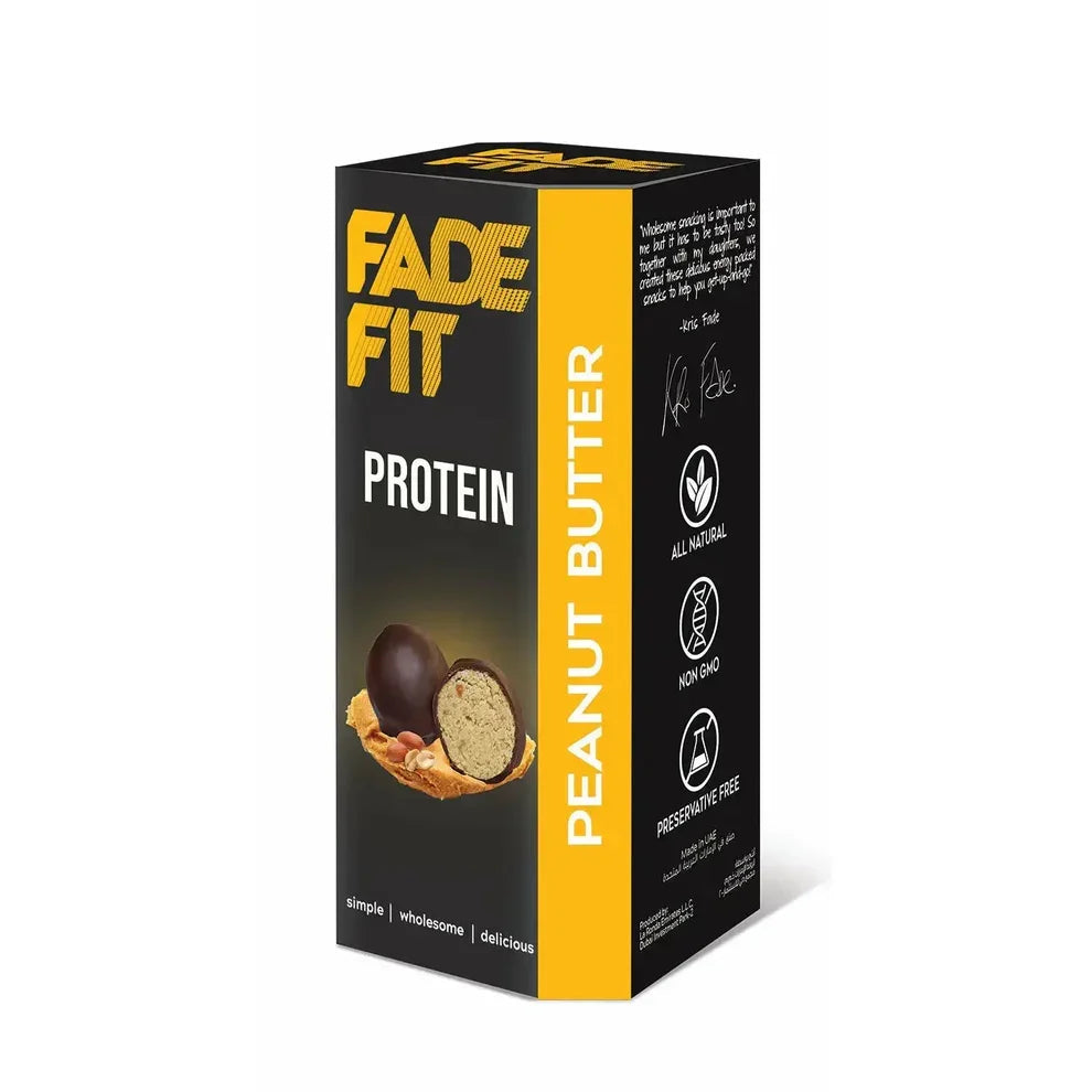Fade Fit Peanut Butter Protein balls box, plant-based, all natural, non-GMO, UAE