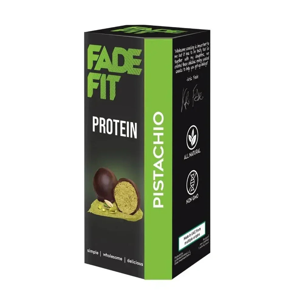 Fade Fit Pistachio Protein Balls box, plant-based, all natural, non-GMO snack from iPlantBased UAE