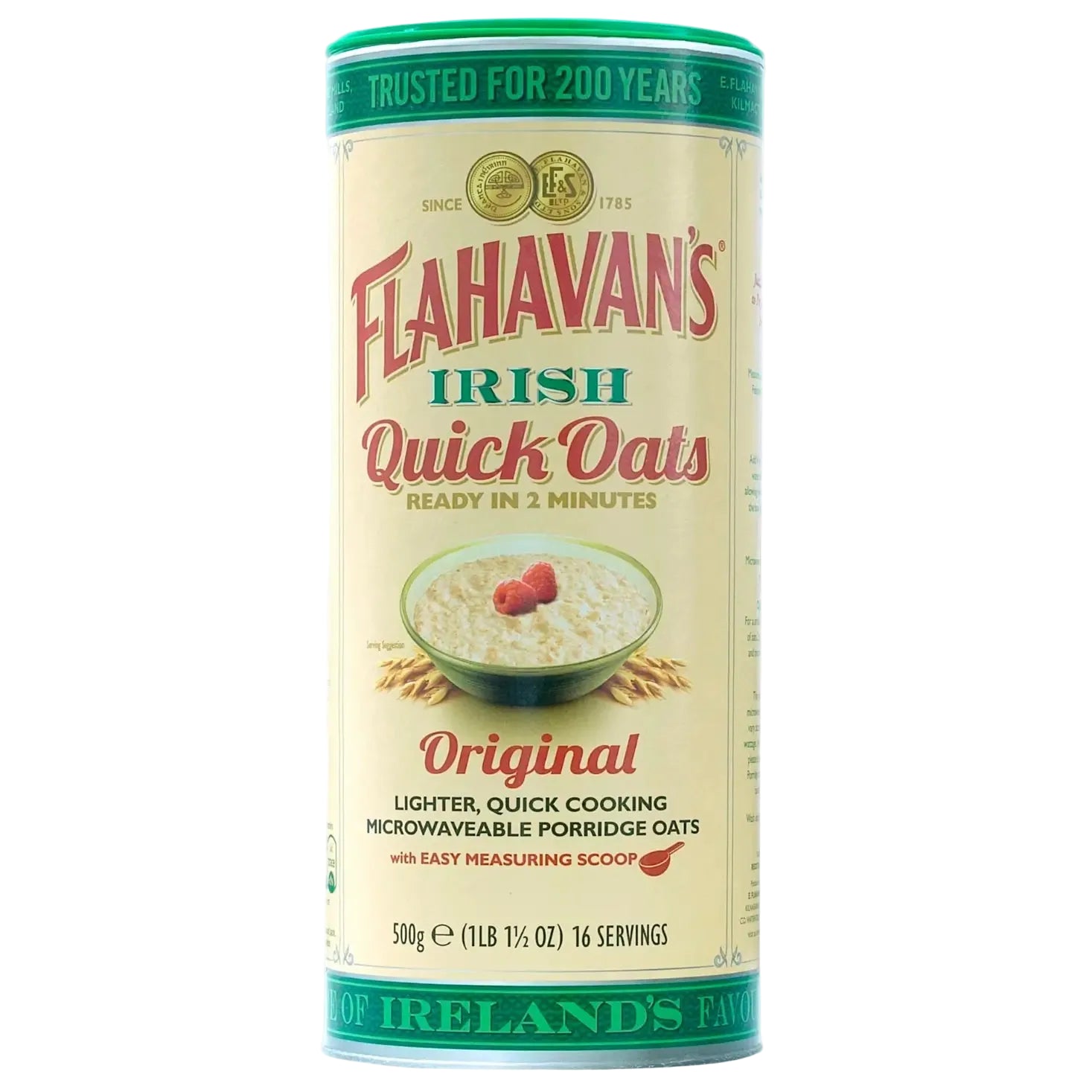 Can of Flahavan's Irish Quick Oats on a white background