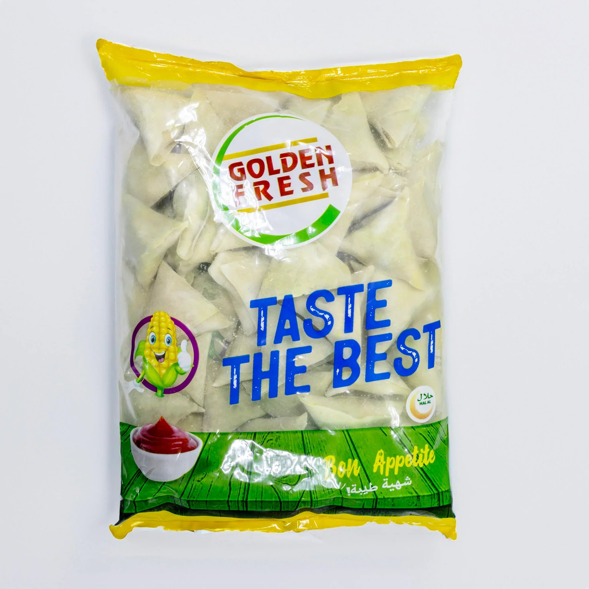 Golden Fresh frozen samosas in clear bag, plant-based snack from iPlantBased UAE