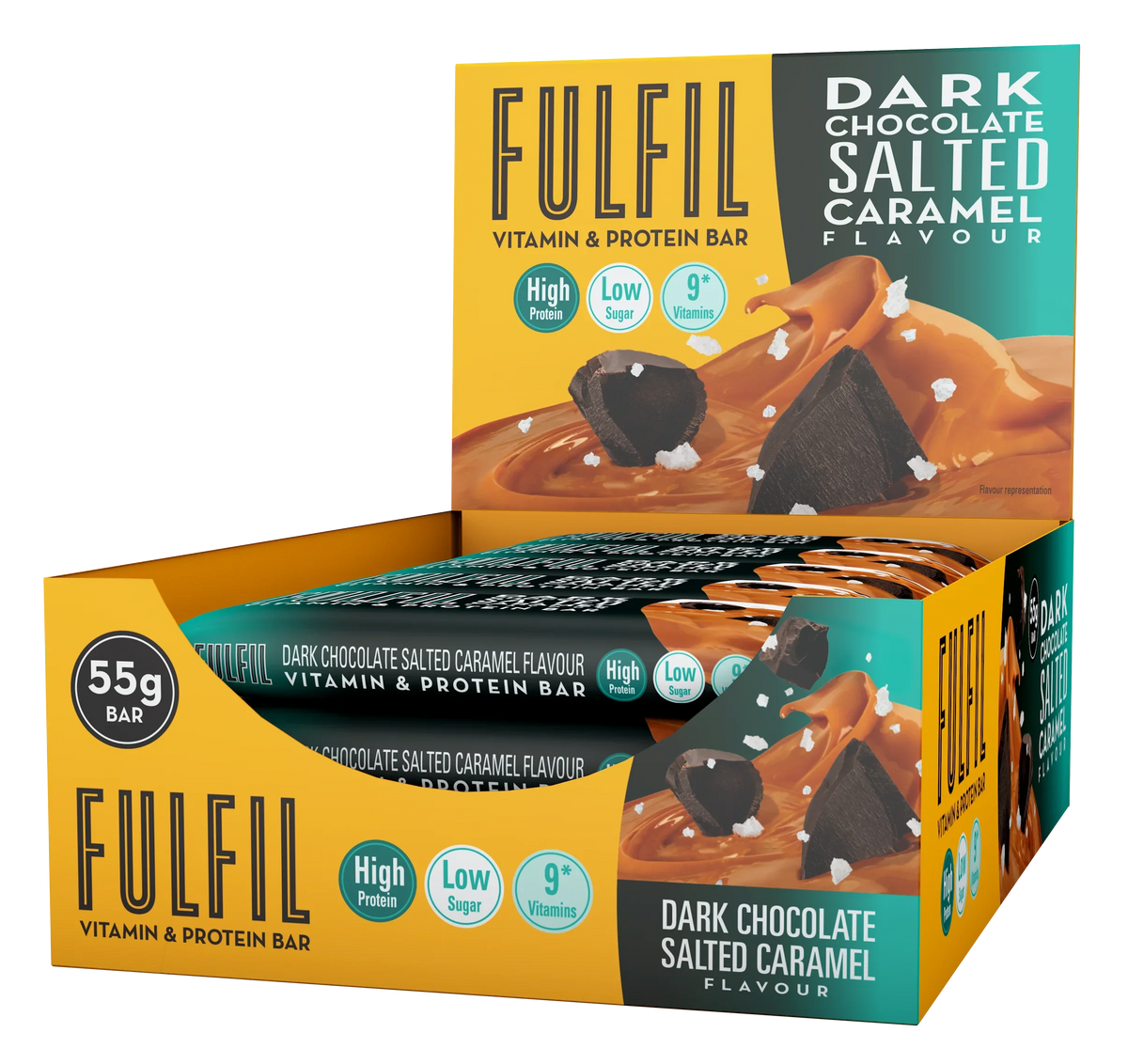 Fulfil Dark Chocolate Salted Caramel Flavour - Vitamin & Protein Bar, Low Sugar, High Protein, 150 Calories With 9 Vitamins - 55G 15 x 55G