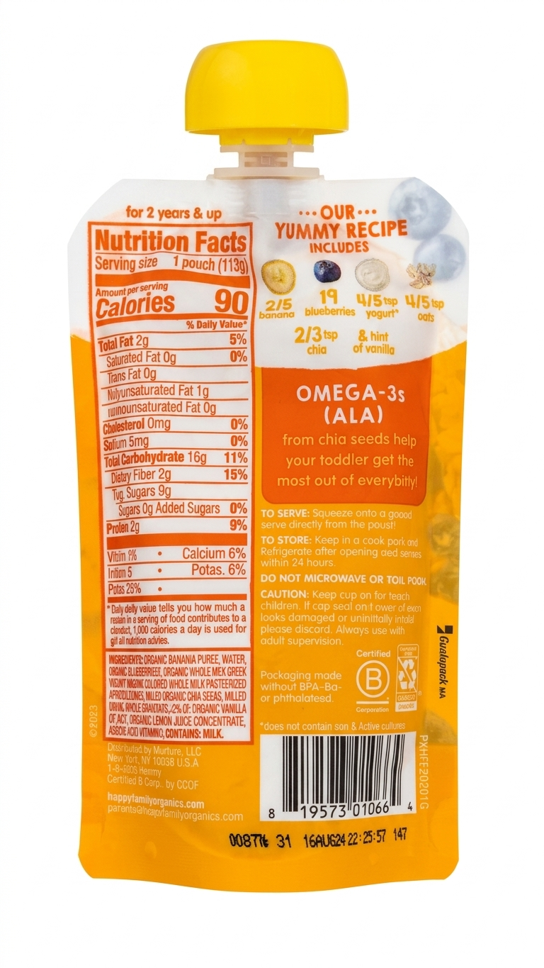 HappyTOT Organics Super Morning Bananas, Blueberries, Yogurt, Oats & Chia Pouch 113g