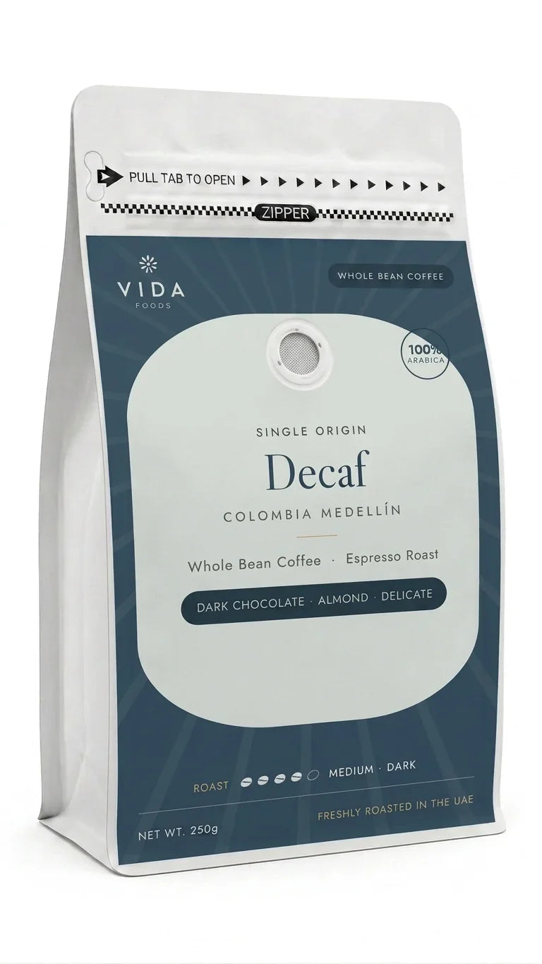 Vida Foods قهوة كولومبيا ميديلين منزوعة الكافيين - حبوب قهوة مختصة أحادية المصدر 86 SCA، مذاق غني بدون كافيين، محمصة حديثًا في الإمارات، 250 جرام
