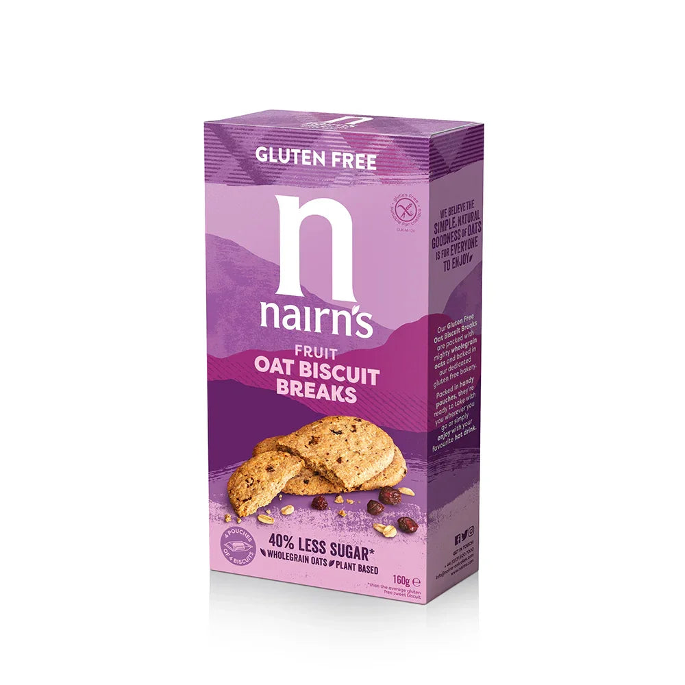 Nairn's Fruit Oat Biscuit Breaks gluten free plant-based snack box, purple packaging