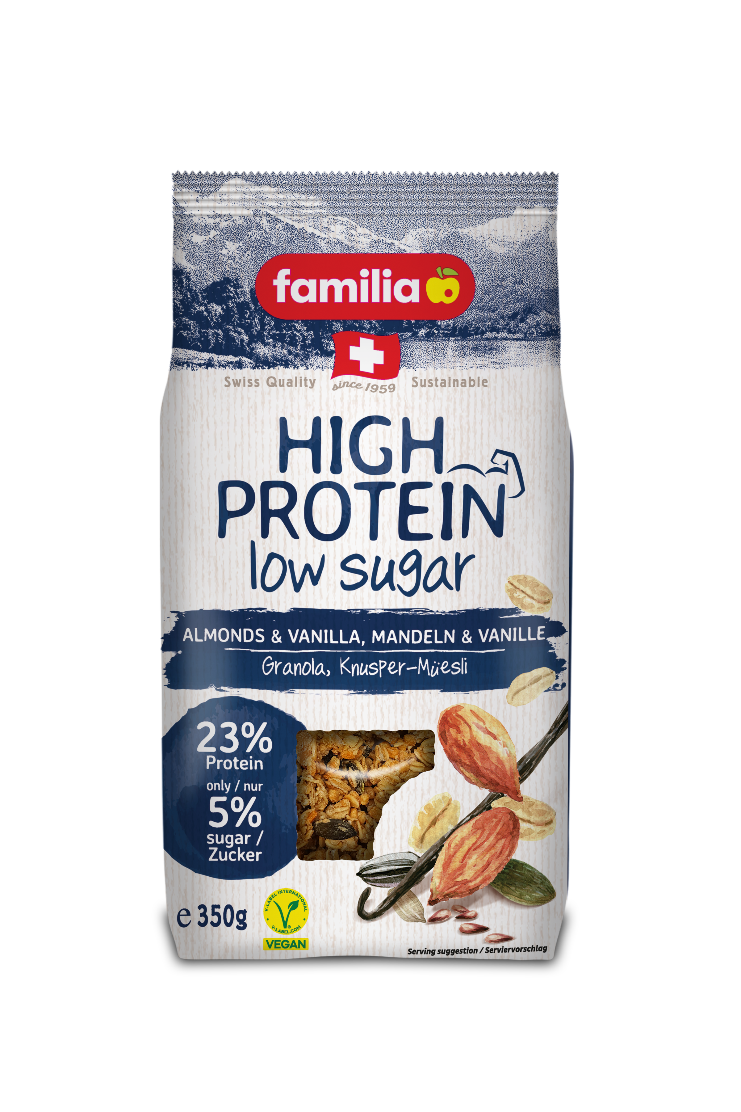 Familia High Protein, Almonds & Vanilla, Low Sugar, 23% Protein, Vegan 350gm