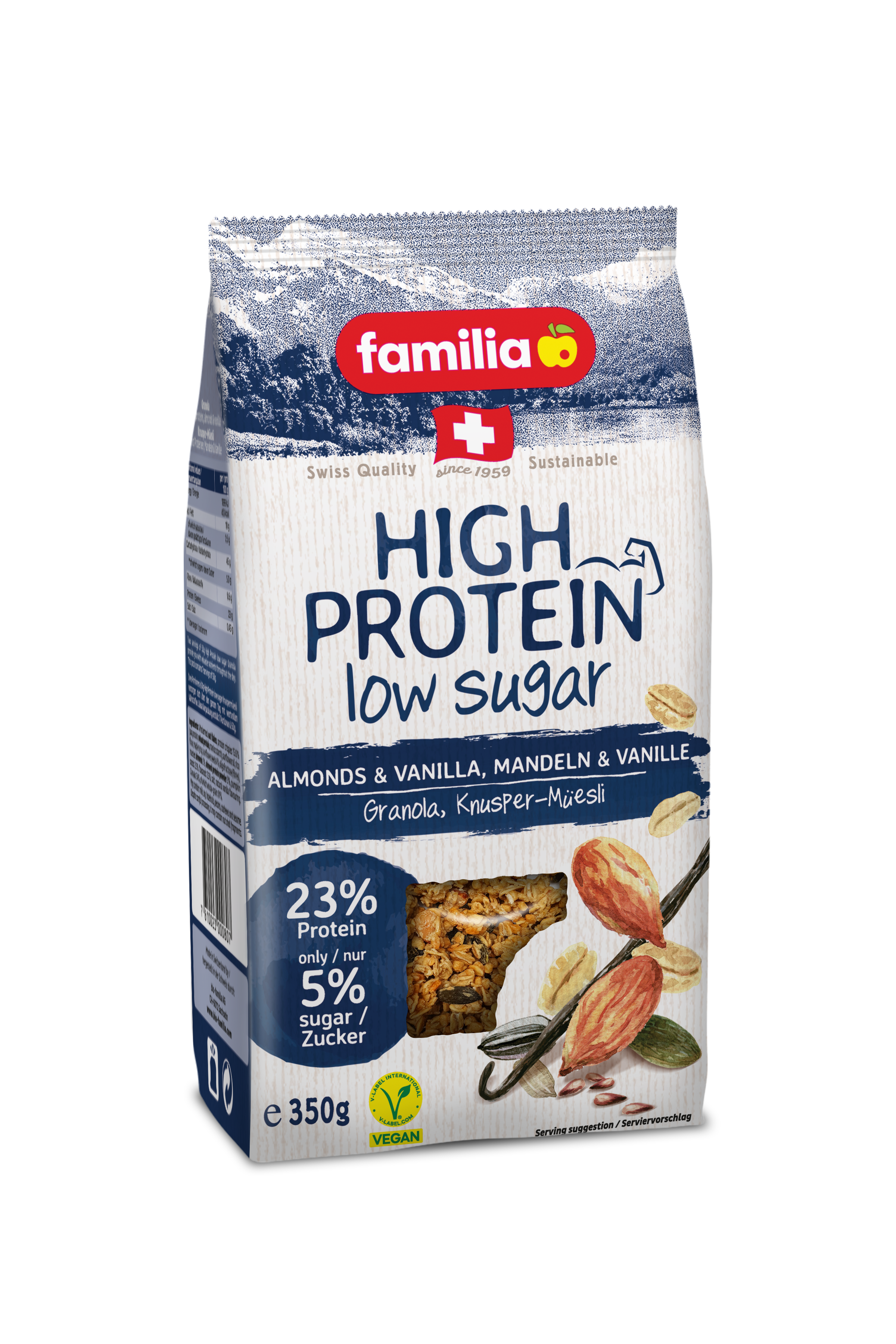 Familia High Protein, Almonds & Vanilla, Low Sugar, 23% Protein, Vegan 350gm