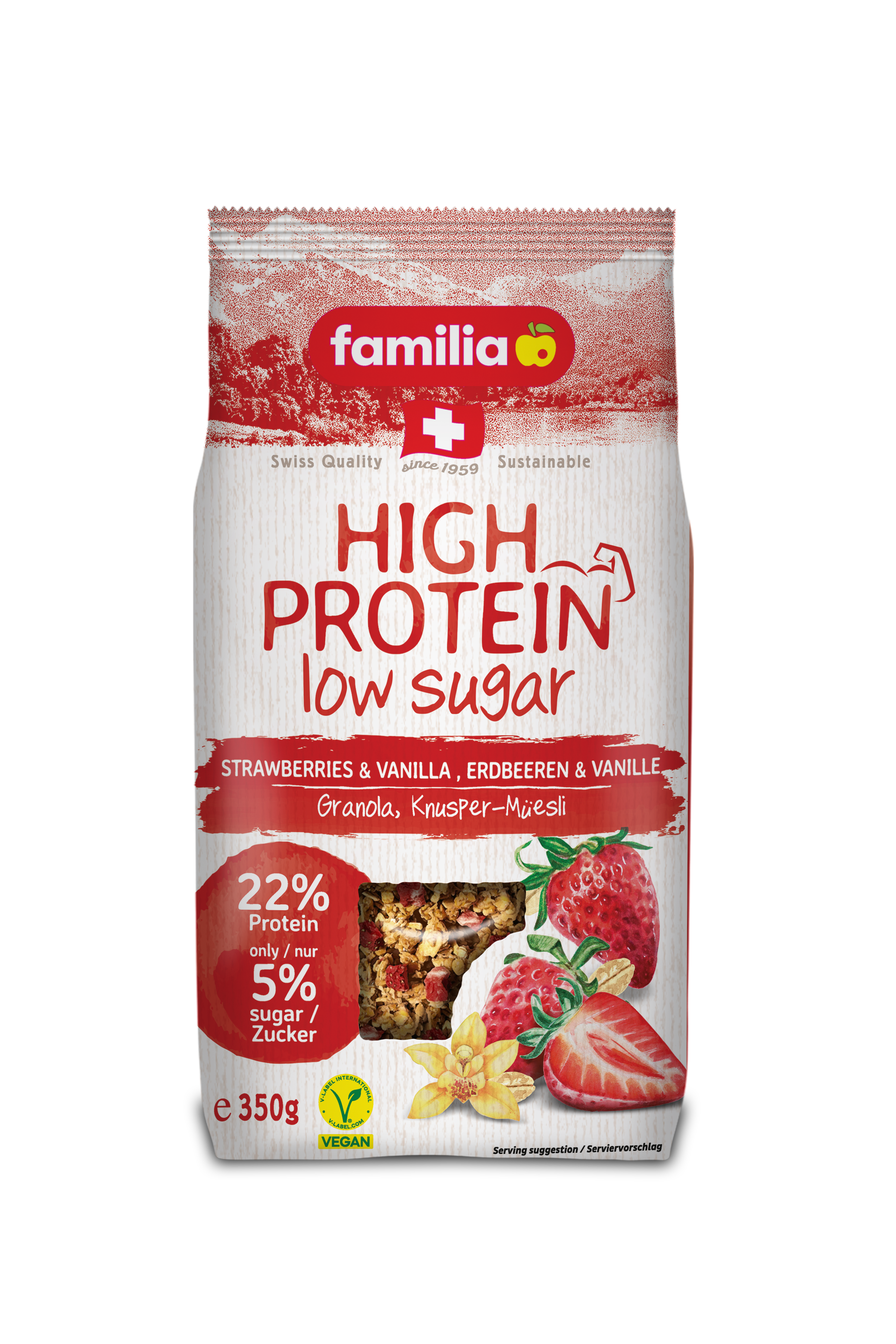 Familia High Protein, Strawberries & Vanilla, Low Sugar, 22% Protein, Vegan 350gm
