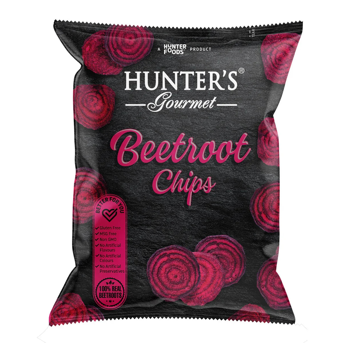 Hunter's Gourmet Beetroot Chips bag, plant-based, gluten-free, natural snack, UAE