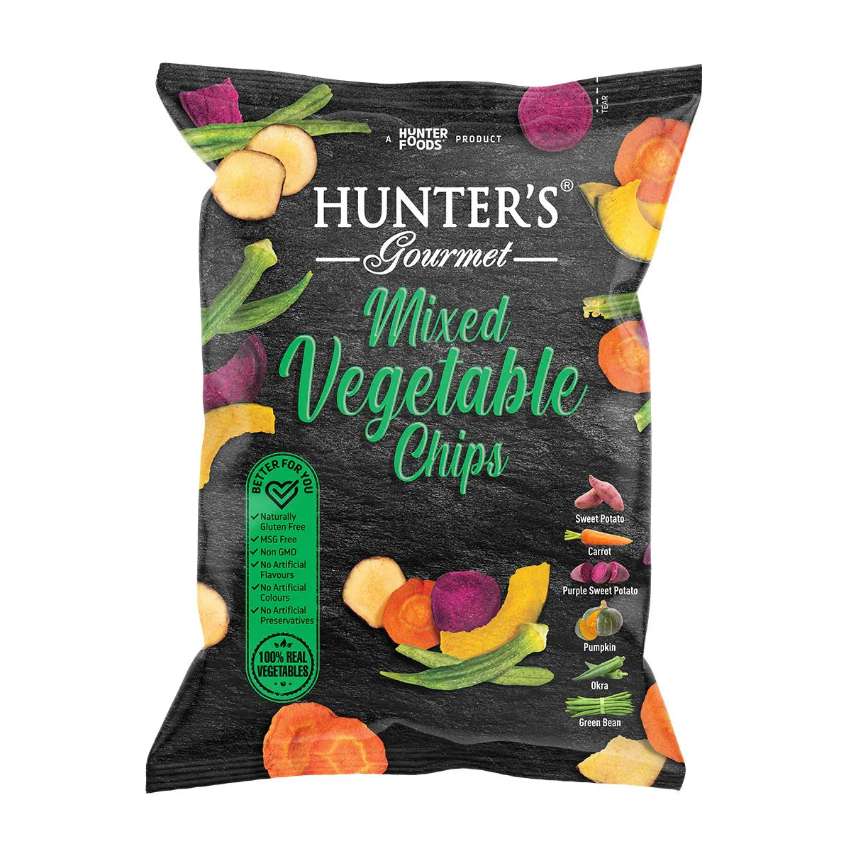 Hunter's Gourmet Mixed Vegetable Chips snack pack with sliced vegetable chips illustration, iPlantBased UAE plant-based food store
