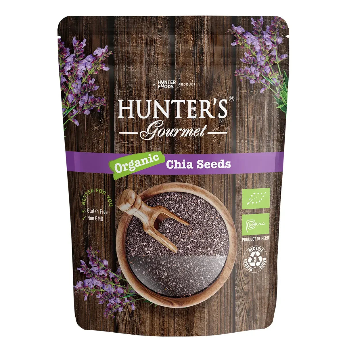 Hunter's Gourmet Organic Chia Seeds packaging with wooden bowl and lavender flowers on a wooden background