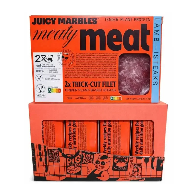 Box of Juicy Marbles meaty meat product with branding and product details.