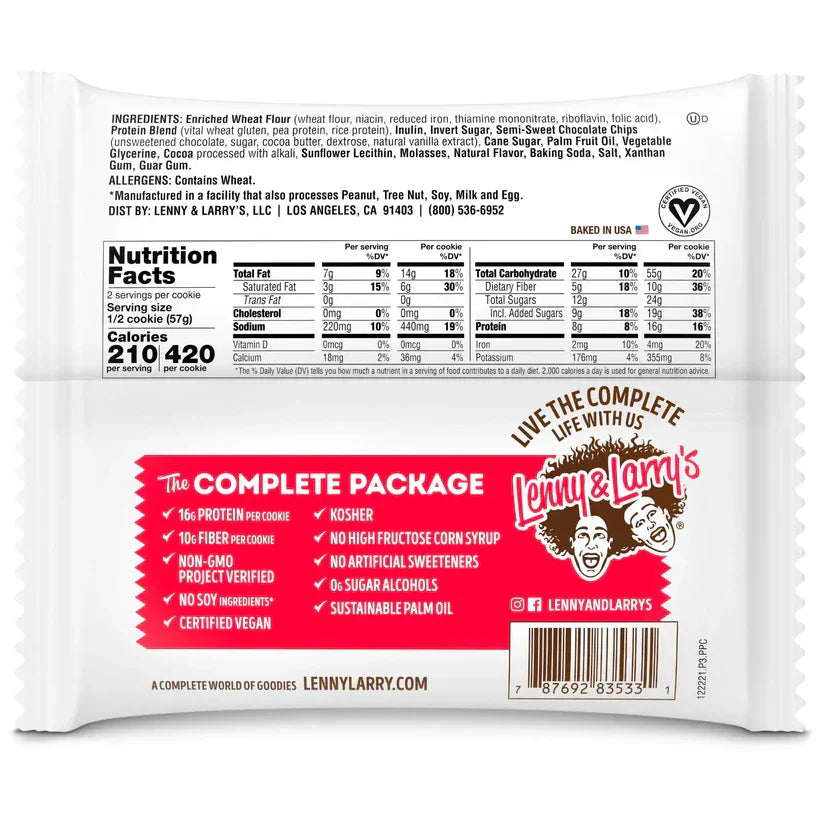Back of Lenny & Larry's vegan cookie package showing nutrition facts and plant-based ingredients.