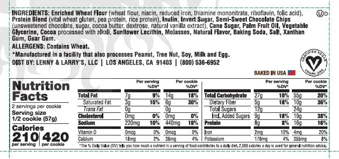 Vegan cookie nutrition label with ingredients, allergen info, and calories from iPlantBased UAE.