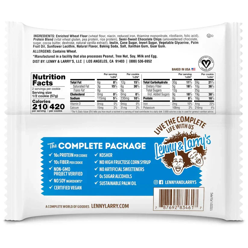 Back of Lenny & Larry's vegan cookie package showing nutrition facts and plant-based claims