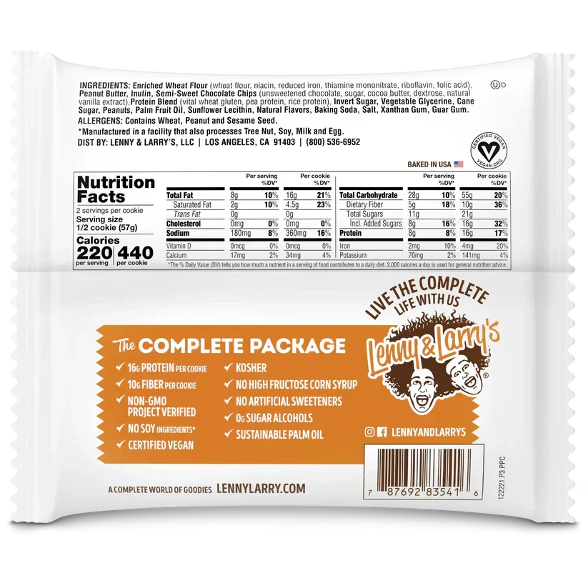 Back of Lenny & Larry’s cookie package showing nutrition facts, ingredients, and vegan, non-GMO claims