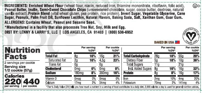 Nutrition facts and ingredients label for a plant-based cookie product from iPlantBased.