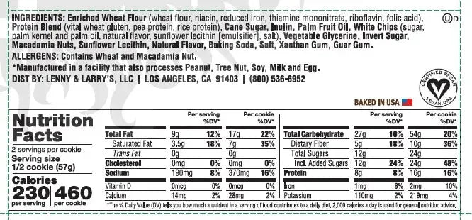 Nutrition facts and ingredient label for Lenny & Larry's plant-based cookie featuring enriched wheat flour, plant protein blend, and macadamia nuts, from iPlantBased UAE.