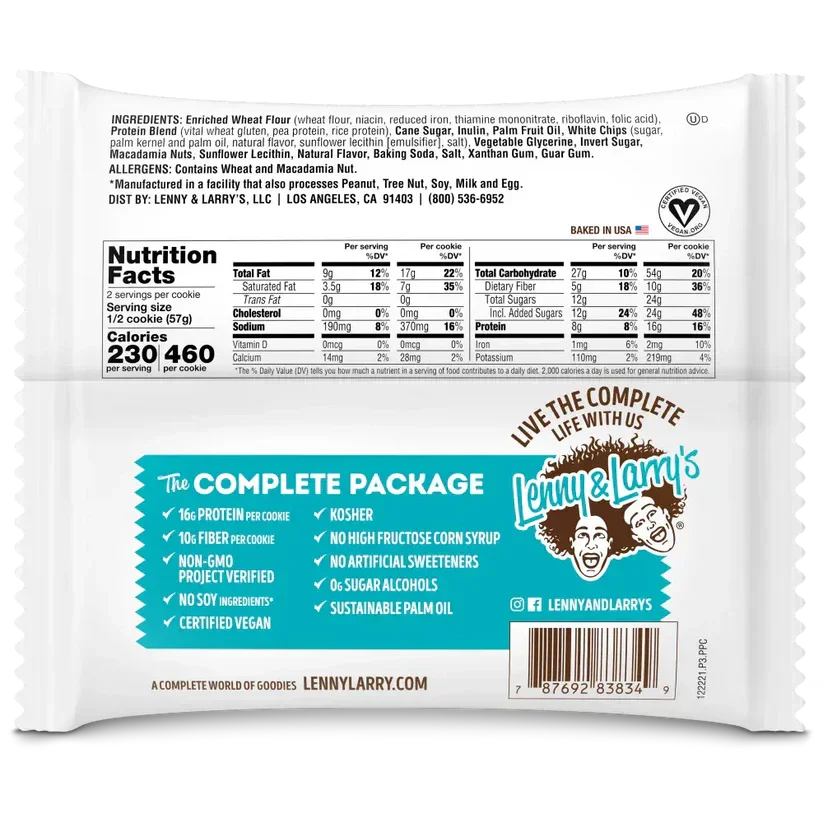 Back of Lenny & Larry's vegan protein cookie package showing nutrition facts, ingredients, and certifications.