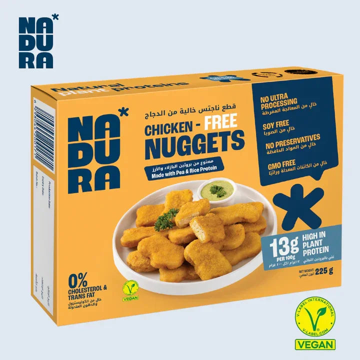 Nadura vegan chicken-free nuggets box displayed, plant-based pea and rice protein, UAE.