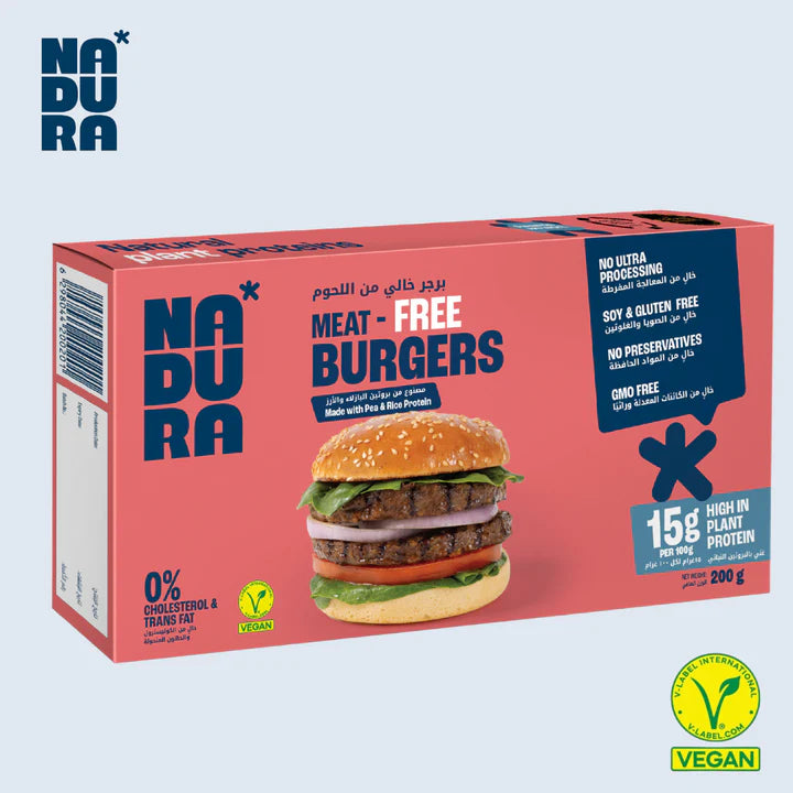 Nadura Meat-Free Burgers vegan plant-based burger packaging with pea and rice protein, UAE
