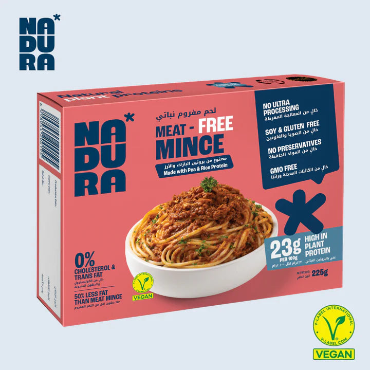 Nadura Meat-Free Mince plant-based protein box with spaghetti, vegan, soy and gluten free.