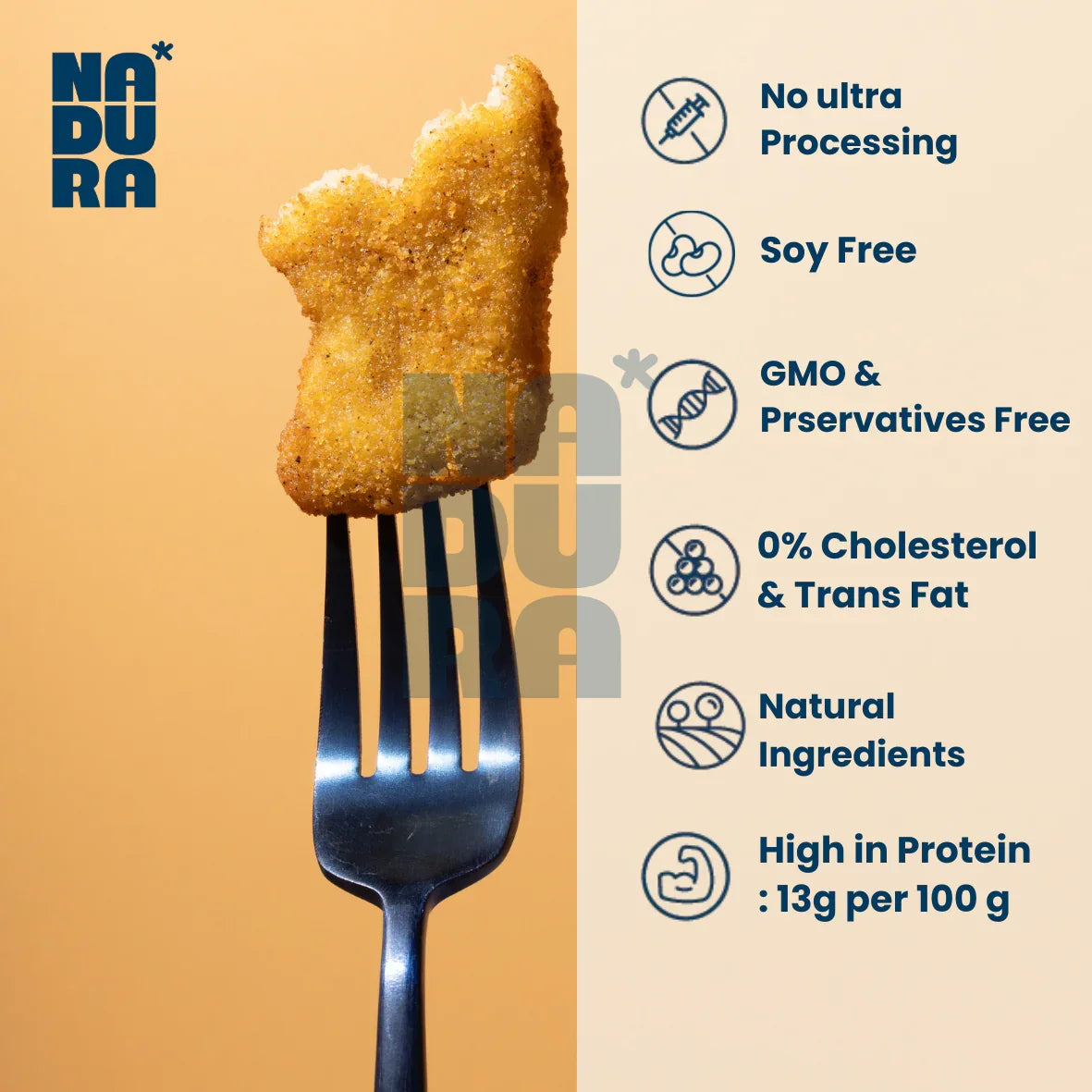 Plant-based nugget on fork with Nadura branding and health benefit icons, iPlantBased UAE.