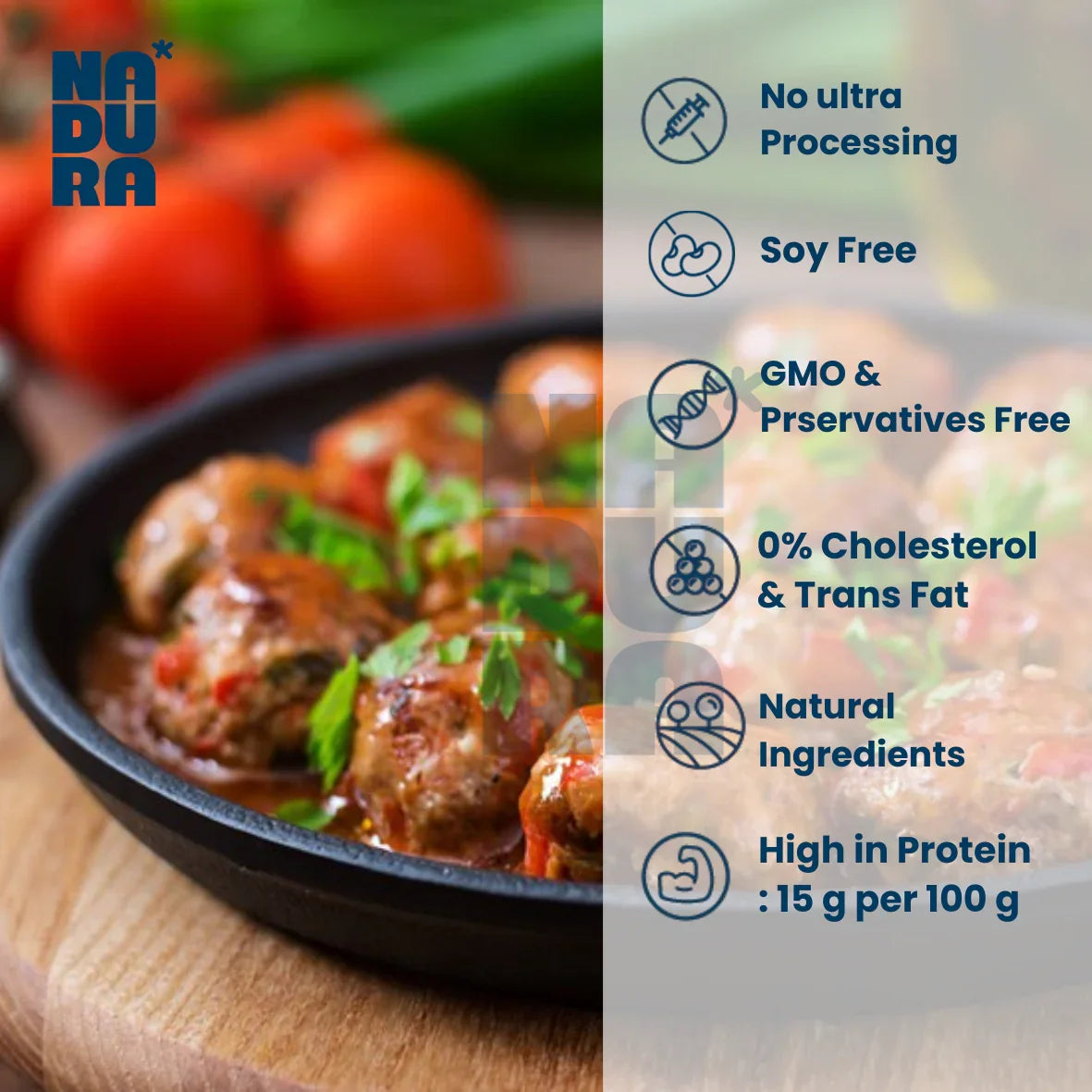 Plant-based meat-free burger patties in sauce, garnished with herbs, healthy vegan food in UAE.