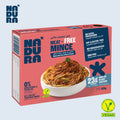 Nadura meat-free mince packaging with vegan label, showing spaghetti topped with plant-based mince, high protein, soy and gluten free, available at iPlantBased UAE.