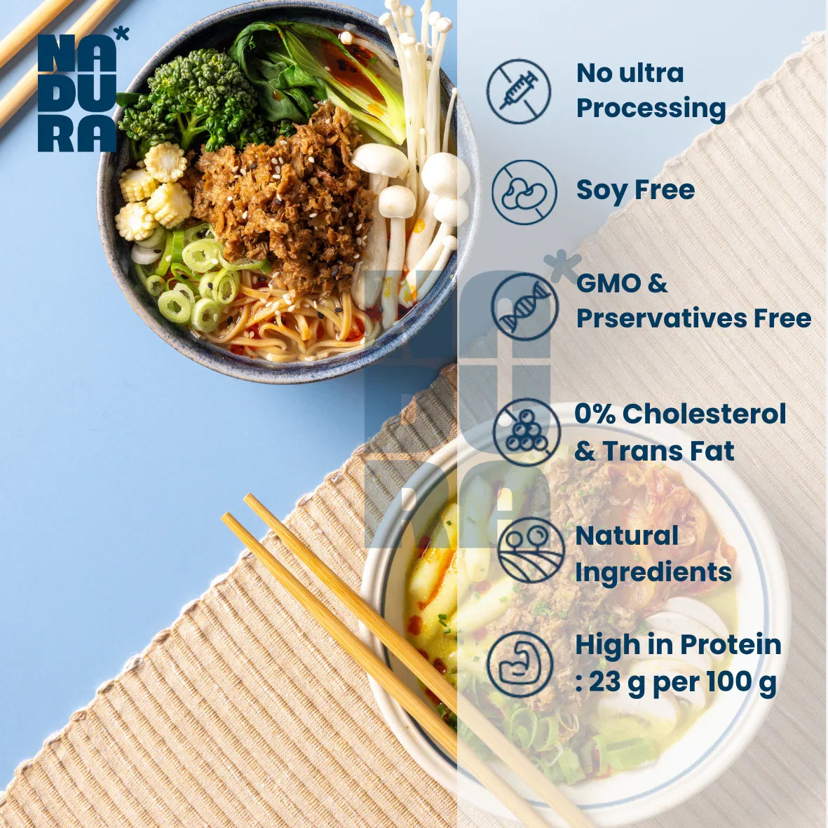NADURA plant-based meat-free mince noodle bowls with vegetables, soy free, high protein, UAE