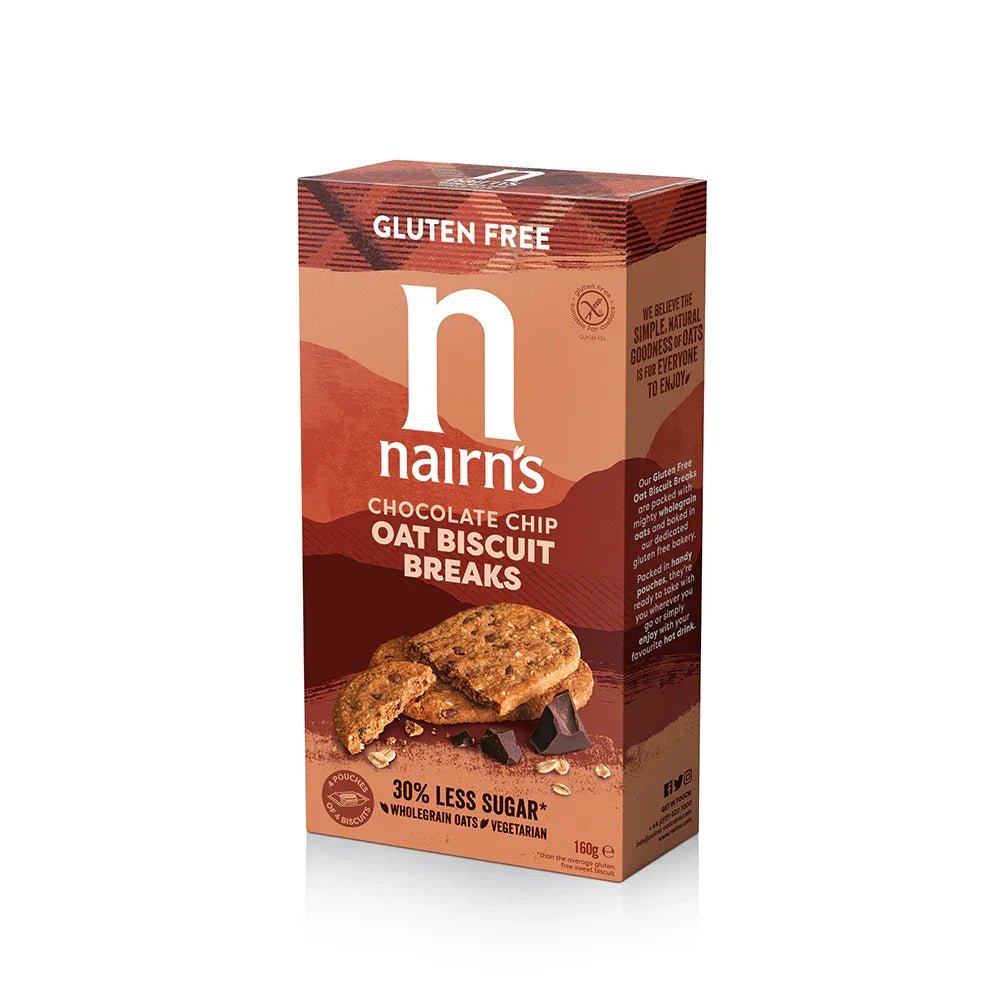 Nairn's gluten free chocolate chip oat biscuit breaks box with biscuits, plant-based snack UAE