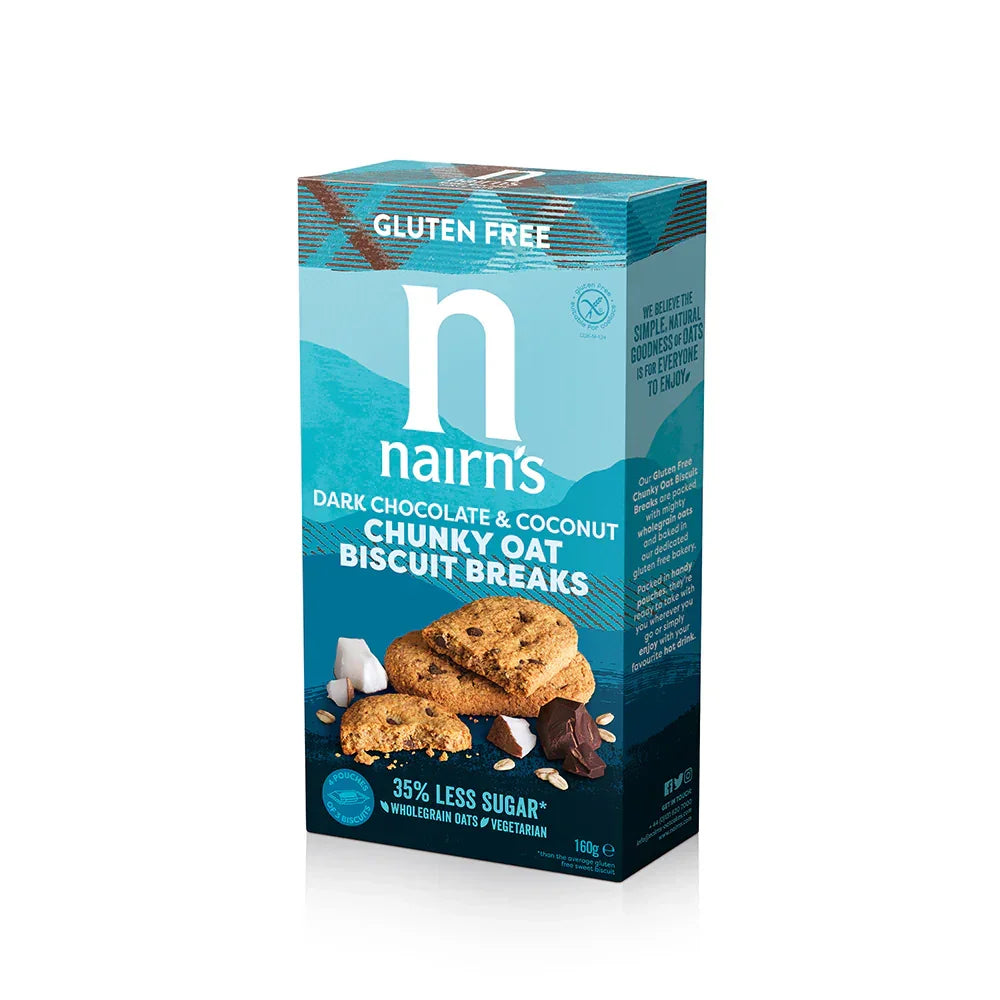 Nairn's Dark Chocolate & Coconut Chunky Oat Biscuit Breaks gluten free box, oat cookies on front