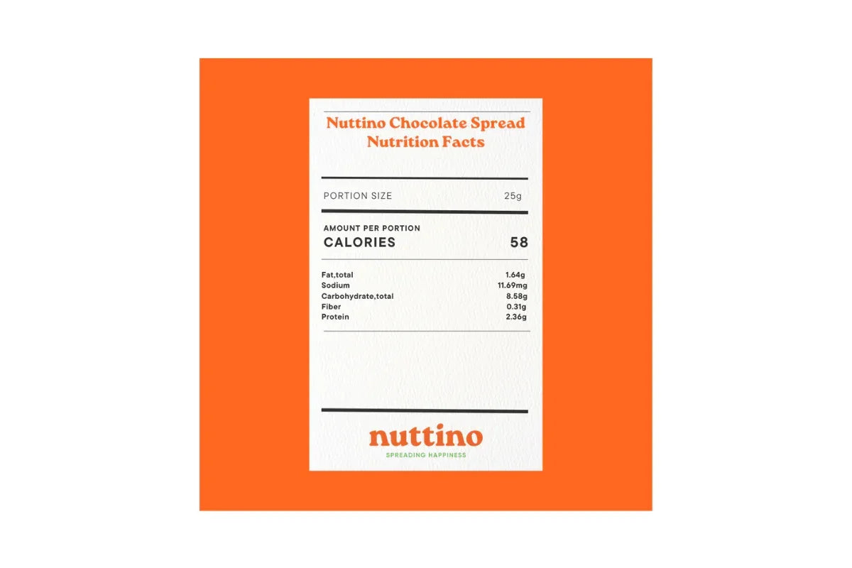 Nuttino chocolate spread nutrition facts label with calories, fat, and protein values displayed.